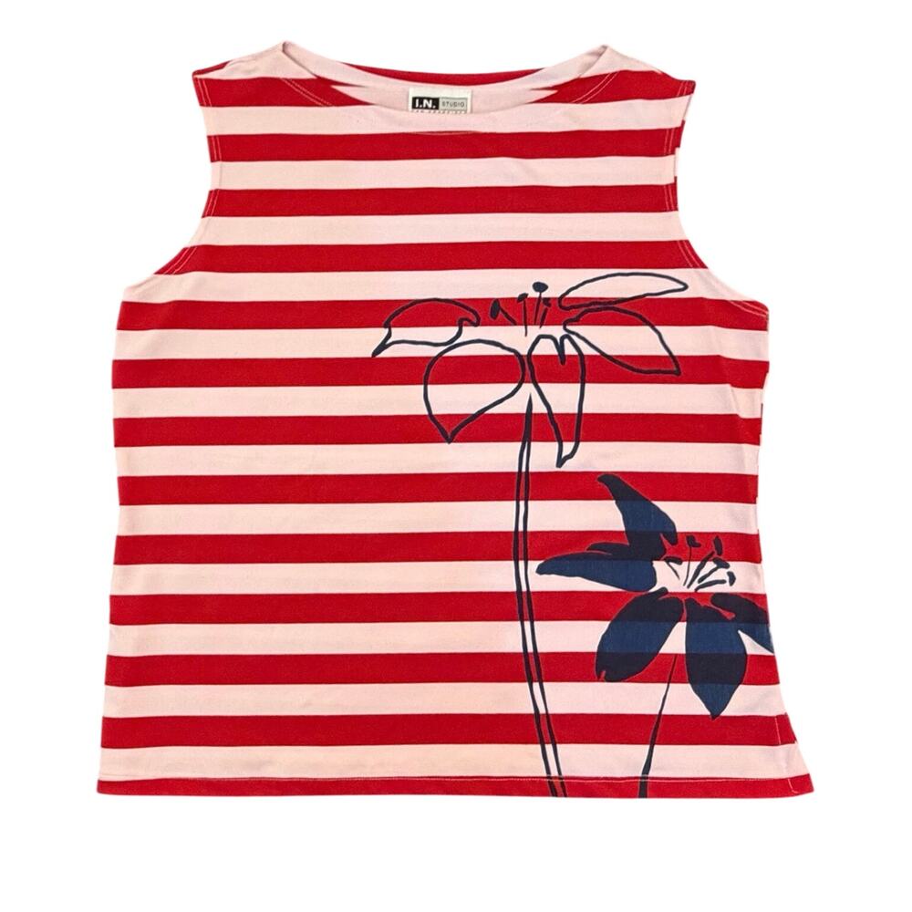 IN Studio San Francisco Women’s Large Red White Striped Sleeveless Floral Tank